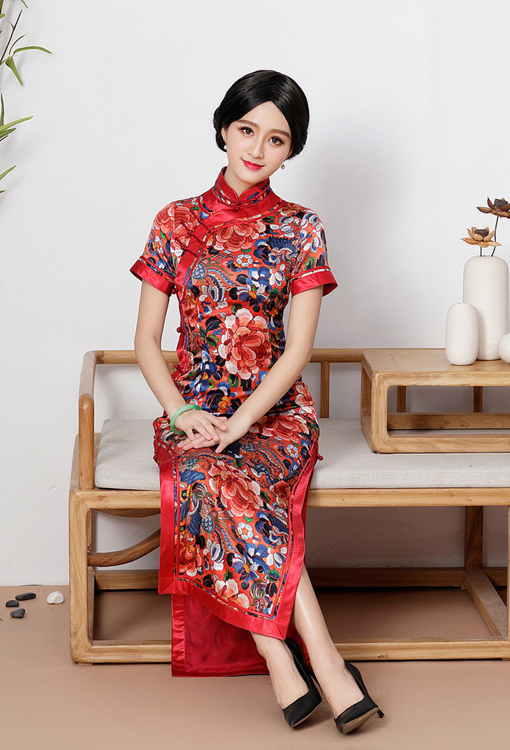 qc1697448日常复古高端改良时尚真丝中长款旗袍