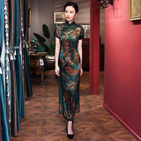 WXG新款优雅气质改良立领短袖桑蚕丝印花长款旗袍