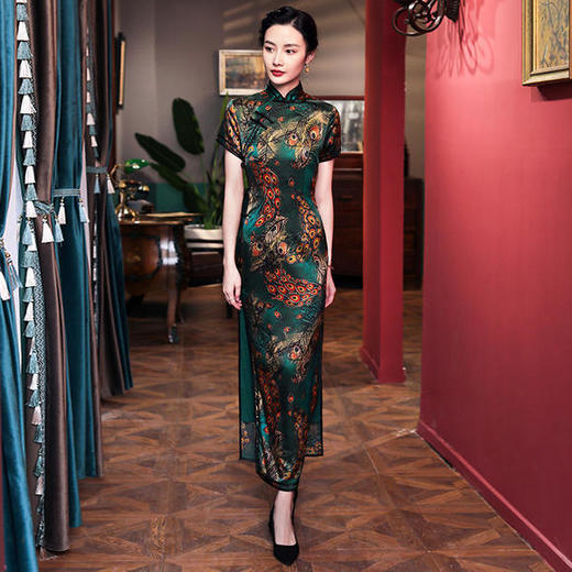 WXG新款优雅气质改良立领短袖桑蚕丝印花长款旗袍 商品图0