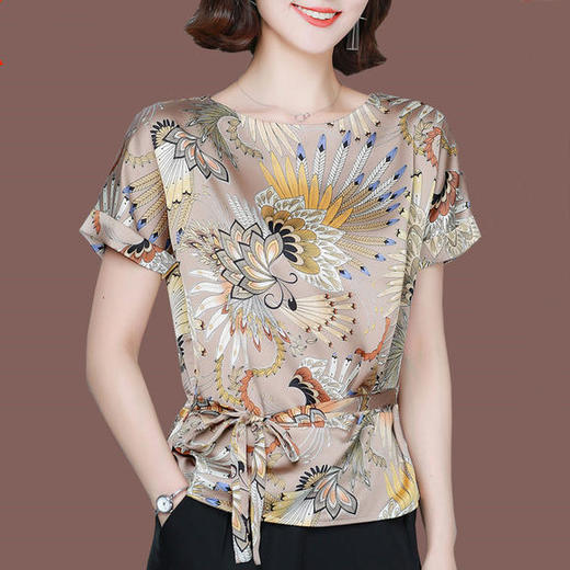 DL-4125夏装短袖碎花丝绸收腰洋气小衫 商品图0