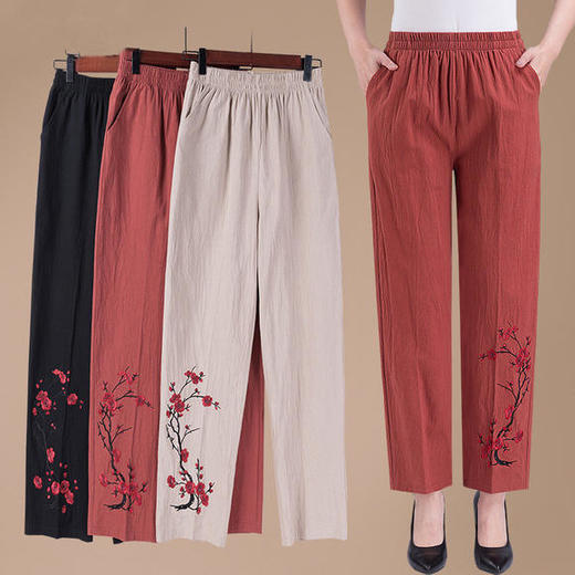 NP-4589夏季薄款长裤纯棉高腰外穿薄刺绣棉麻裤 商品图0