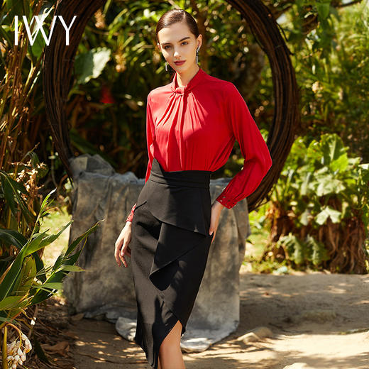 IWY/酒红色长袖衬衫黑色半裙套装203100B1+203100S1 商品图1