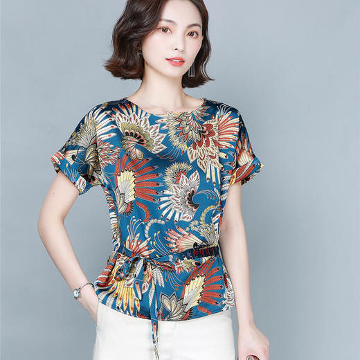 DL-4125夏装短袖碎花丝绸收腰洋气小衫 商品图1