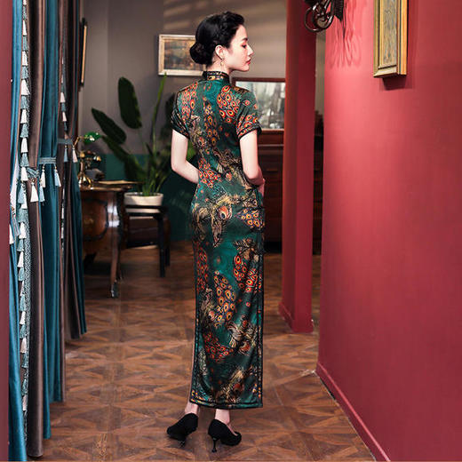 WXG新款优雅气质改良立领短袖桑蚕丝印花长款旗袍 商品图4