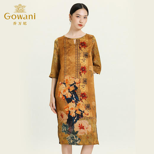 乔万尼夏季新款真丝连衣裙宽松时尚复古印花桑蚕丝中长裙ES2E191 商品图1