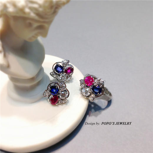 【每日特选】Pt900铂金红蓝宝钻石戒指耳钉套装(预约看货) 商品图0