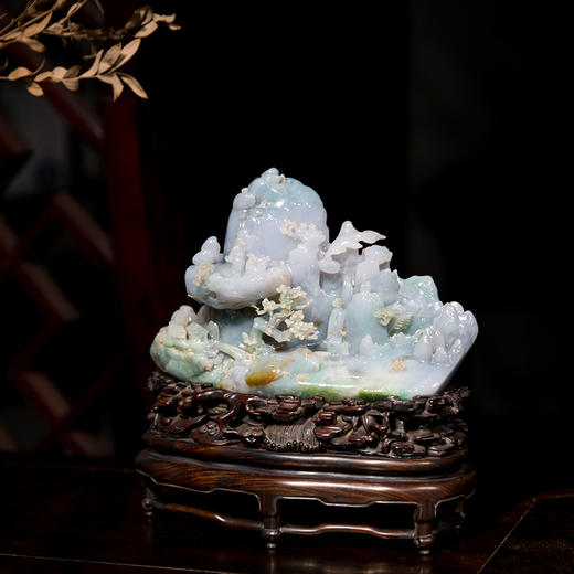 清翡翠雕山水人物登高赋诗山子摆件