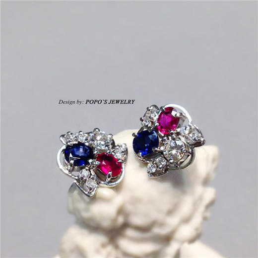 【每日特选】Pt900铂金红蓝宝钻石戒指耳钉套装(预约看货) 商品图4