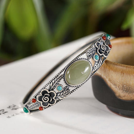 CW-S925纯银，和田玉青玉白玉复古做旧个性梅花开口手镯 商品图1
