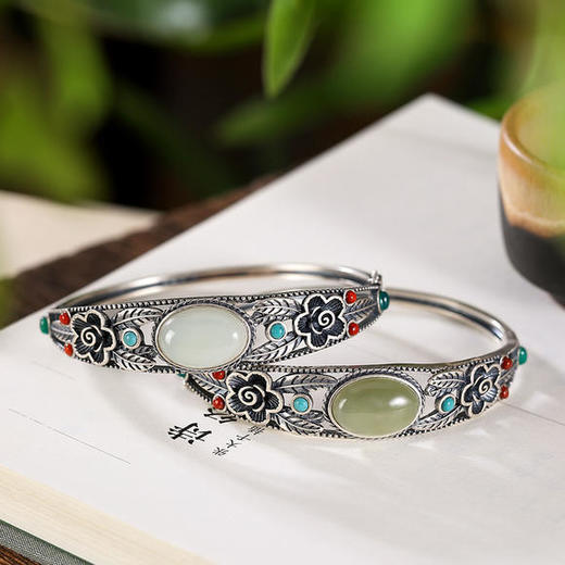CW-S925纯银，和田玉青玉白玉复古做旧个性梅花开口手镯 商品图2