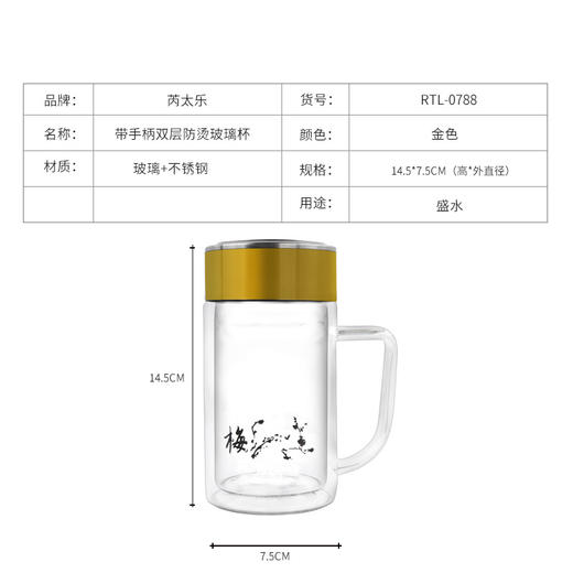 芮太乐 双层带柄商务杯玻璃杯 400ml透明色 商品图3