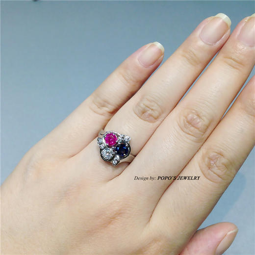 【每日特选】Pt900铂金红蓝宝钻石戒指耳钉套装(预约看货) 商品图2