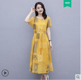 HT-417棉麻连衣裙  新款大码收腰显瘦气质女神范印花薄长裙