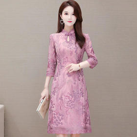 YW-KED91285复古立领，长袖气质改良版刺绣连衣裙