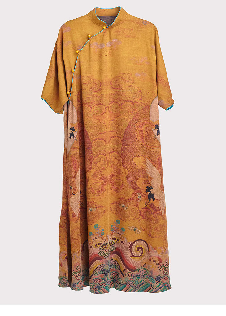 zxyb0159复古海水江崖祥云花纹香云纱连衣裙