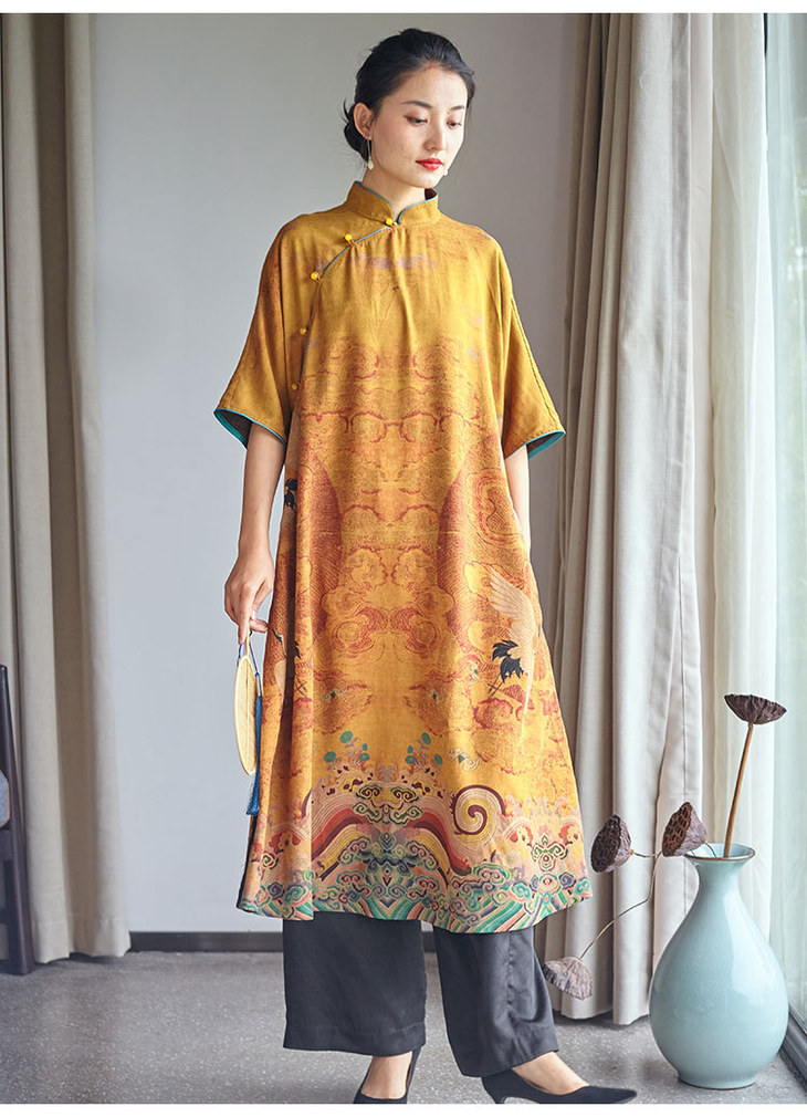 zx yb0159复古海水江崖祥云花纹香云纱连衣裙