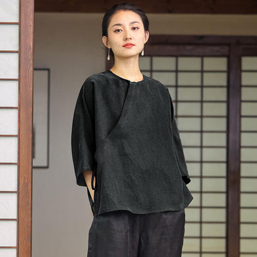 zx 20326斜襟系带纯色龟裂纹香云纱小衫上衣