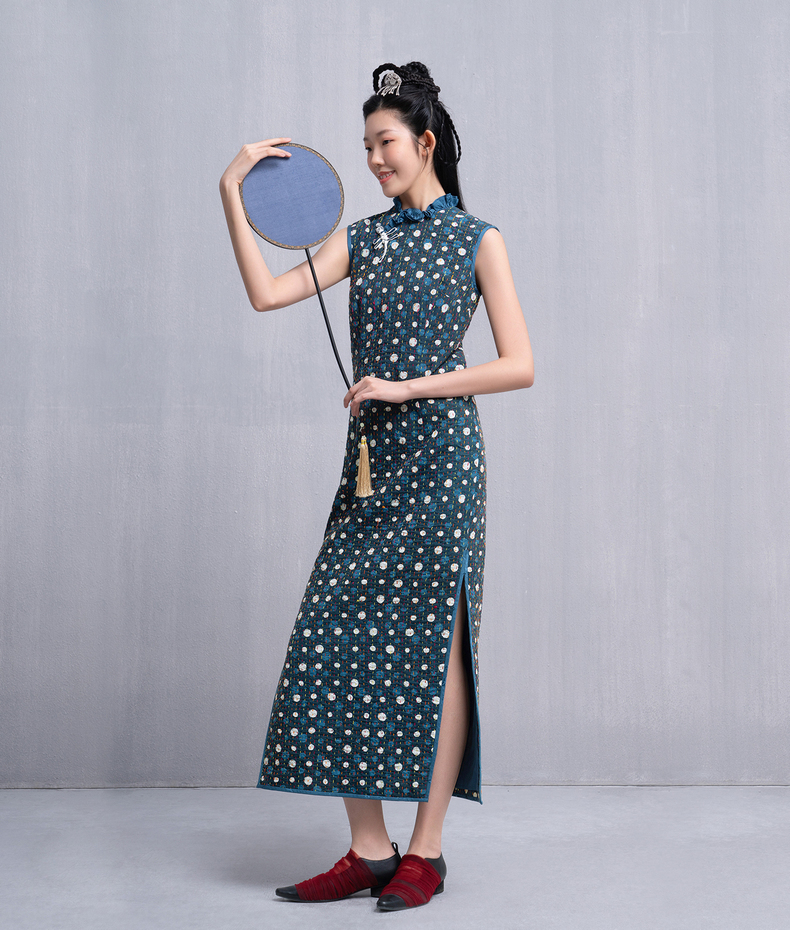 【林栖设计小店】蓝印花布系列蓝染秋季新品纯棉复古修身改良旗袍中国