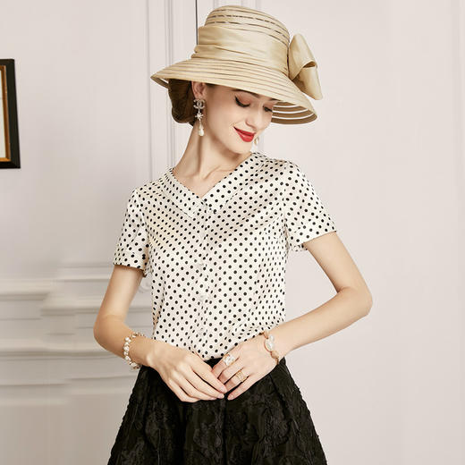 丁摩 真丝衬衫女新款桑蚕丝衬衣短袖娃娃领波点上衣洋气20-185DS399 商品图3