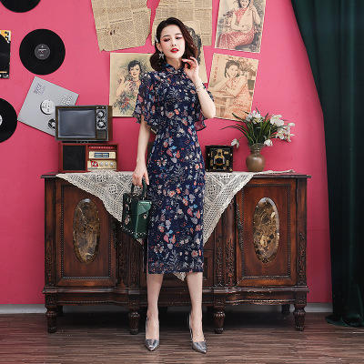 TM-3011新款蕾丝中长款修身印花旗袍日常改良旗袍高开叉旗袍 商品图0