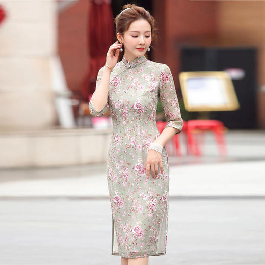 WXY-2334新款小碎花印花中长款改良修身旗袍裙 商品图2
