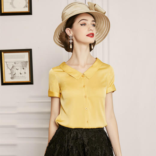 丁摩 真丝衬衫女新款桑蚕丝衬衣短袖娃娃领波点上衣洋气20-185DS399 商品图6