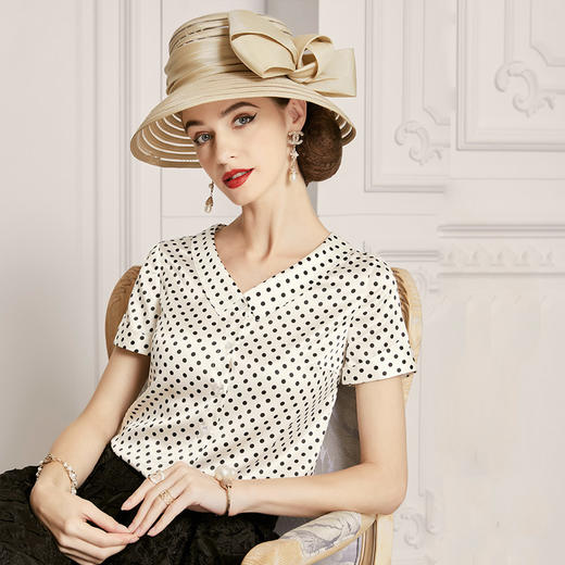 丁摩 真丝衬衫女新款桑蚕丝衬衣短袖娃娃领波点上衣洋气20-185DS399 商品图1