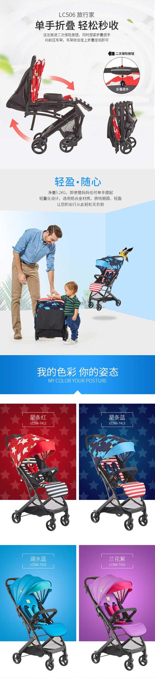 小龙哈彼婴儿推车高景观婴儿童车手推车LC506-V191纯色蓝JPY带授权招加盟代理 商品图3