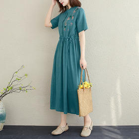 DUK-1370新款文艺棉麻短袖收腰显瘦刺绣长裙子