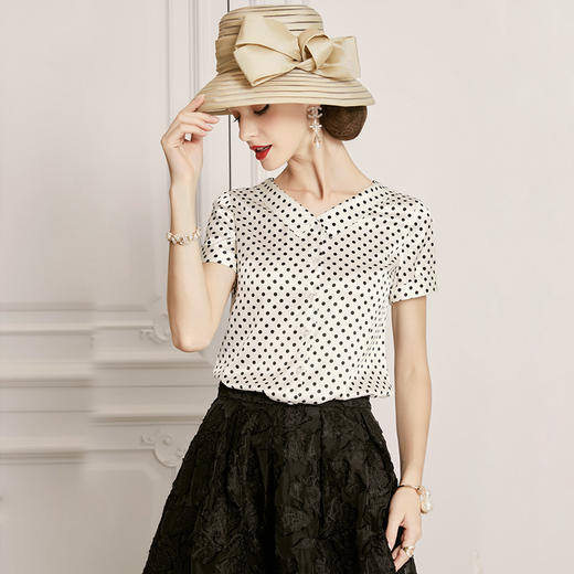 丁摩 真丝衬衫女新款桑蚕丝衬衣短袖娃娃领波点上衣洋气20-185DS399 商品图2