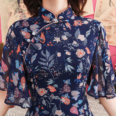 TM-3011新款蕾丝中长款修身印花旗袍日常改良旗袍高开叉旗袍 商品图1