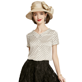 丁摩 真丝衬衫女新款桑蚕丝衬衣短袖娃娃领波点上衣洋气20-185DS399