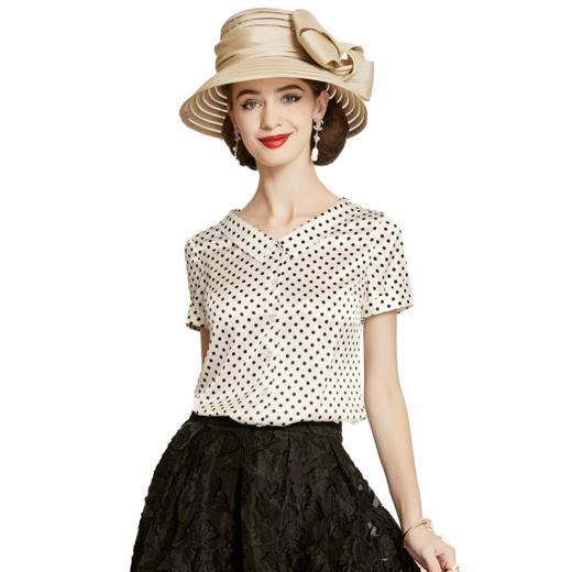 丁摩 真丝衬衫女新款桑蚕丝衬衣短袖娃娃领波点上衣洋气20-185DS399 商品图0