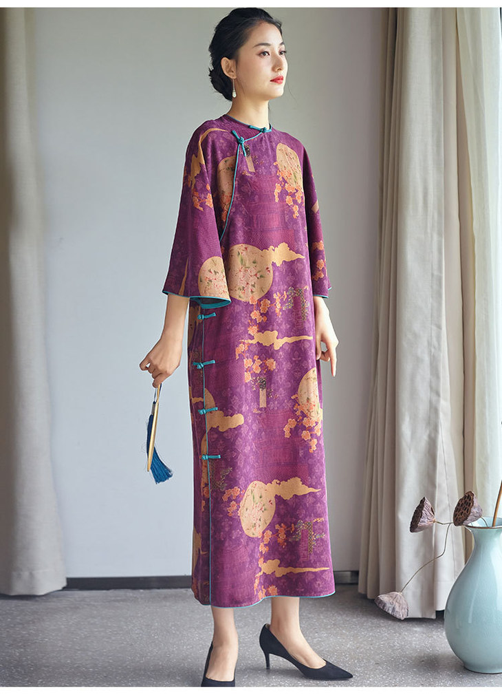 zx20258大袖圆领宽袖袍子香云纱连衣裙