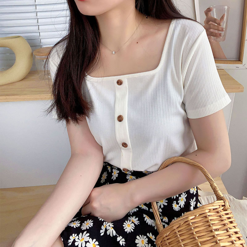 忌平庸女装复古方领短袖t恤女夏装2020新款洋气心机小众短款修身锁骨上衣JPY带授权招加盟代理