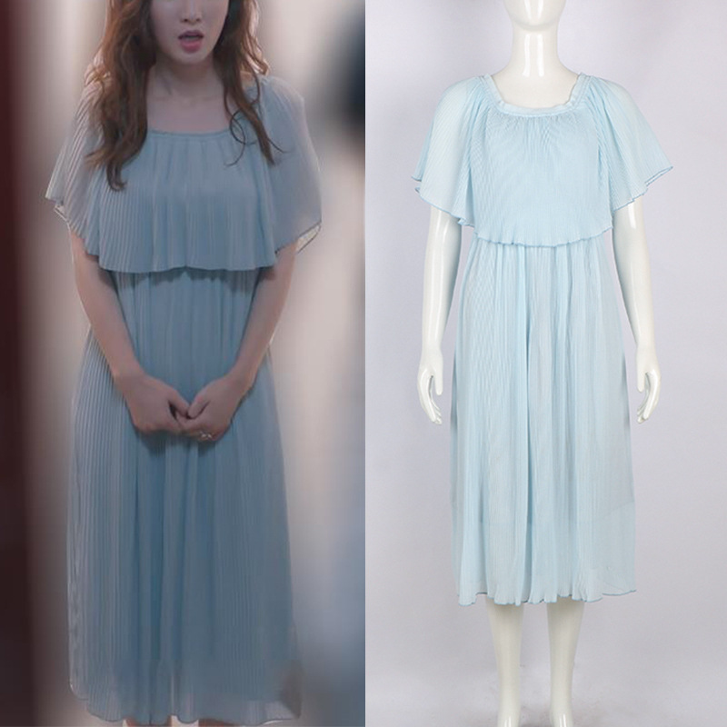 忌平庸女装安家张萌张乘乘同款衣服连衣裙女短袖宽松百褶裙春夏雪纺裙长裙子JPY带授权招加盟代理