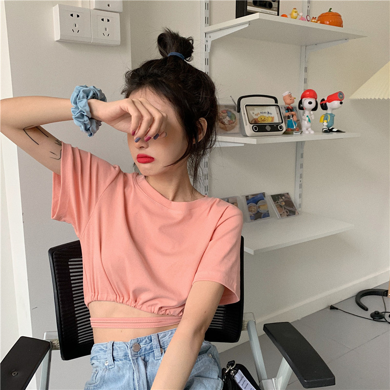 忌平庸女装2020夏季新款百搭短款露肚脐下摆绑带短袖T恤女JPY带授权招加盟代理