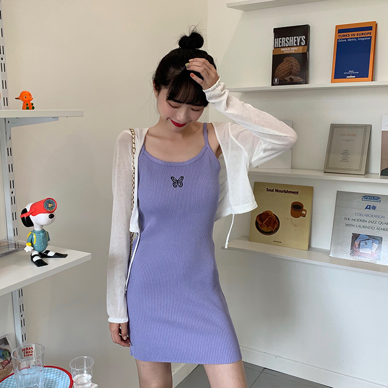 忌平庸女装2020夏季新款蝴蝶刺绣针织吊带连衣裙女夏收腰修身露肩短裙JPY带授权招加盟代理