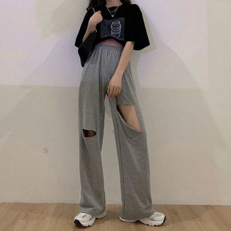 忌平庸女装破洞裤女夏季2020新款裤子薄款休闲高腰垂感阔腿拖地运动裤ins潮JPY带授权招加盟代理