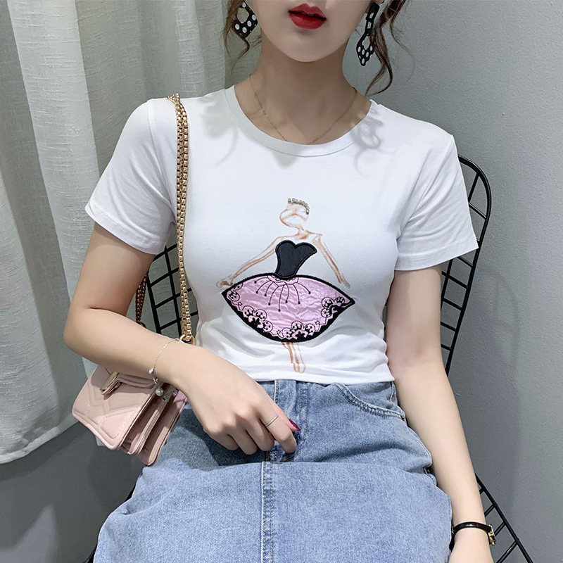忌平庸女装2020夏装新款韩版纯棉刺绣t恤女修身显瘦体恤衫短袖韩范上衣JPY带授权招加盟代理