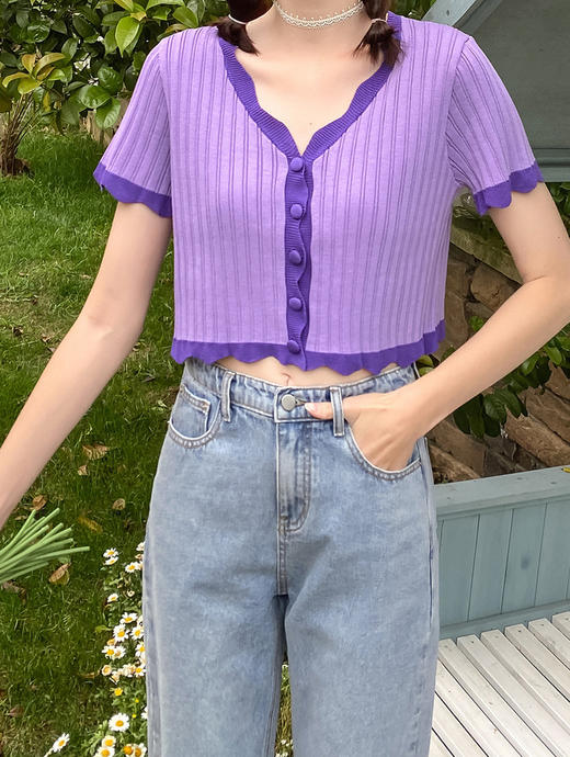 忌平庸女装宽松薄款针织衫女2020新款少女紫色短款v领半袖外穿上衣潮