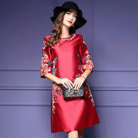 HXYY-A425新款民族风重工刺绣花七分袖连衣裙