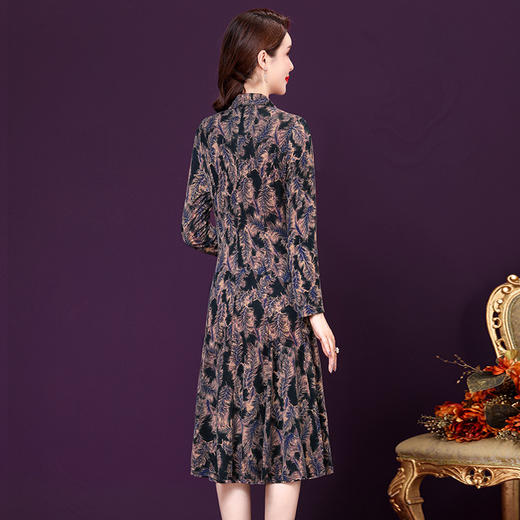 时尚洋气，改良旗袍长袖高贵大码印花连衣裙YMR-8351 商品图3