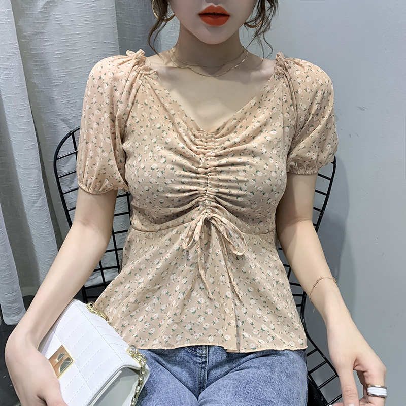 忌平庸女装实拍2020新款甜美百搭v领小碎花韩版修身显瘦宽摆雪纺上衣女JPY带授权招加盟代理