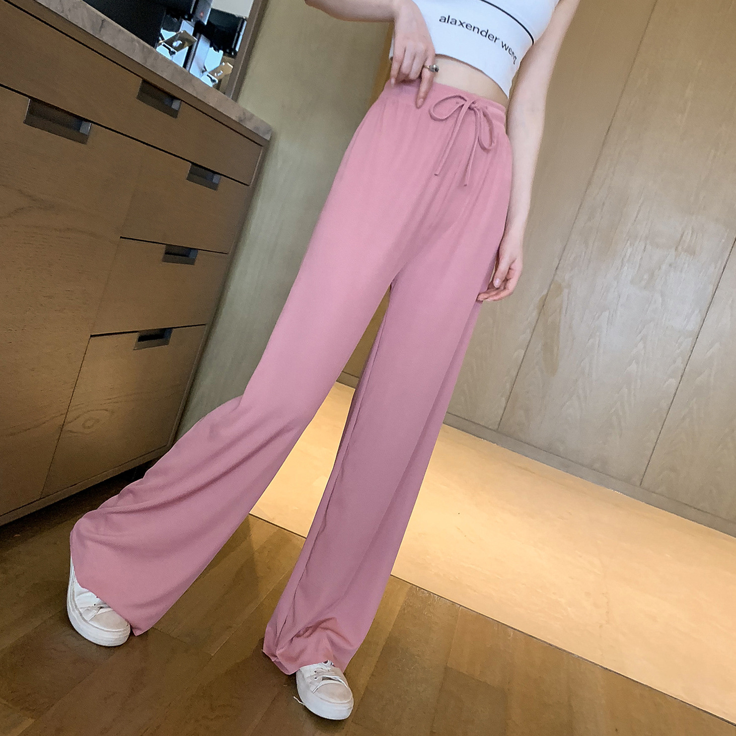 忌平庸女装夏季2020新款韩版高腰显瘦垂感冰丝阔腿裤子女直筒系带宽松拖地裤JPY带授权招加盟代理