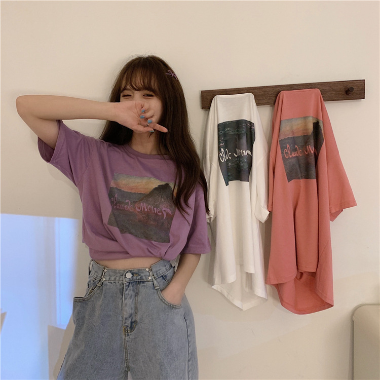 忌平庸女装2020夏季新款韩版复古油画图案字母印花圆领短袖T恤JPY带授权招加盟代理