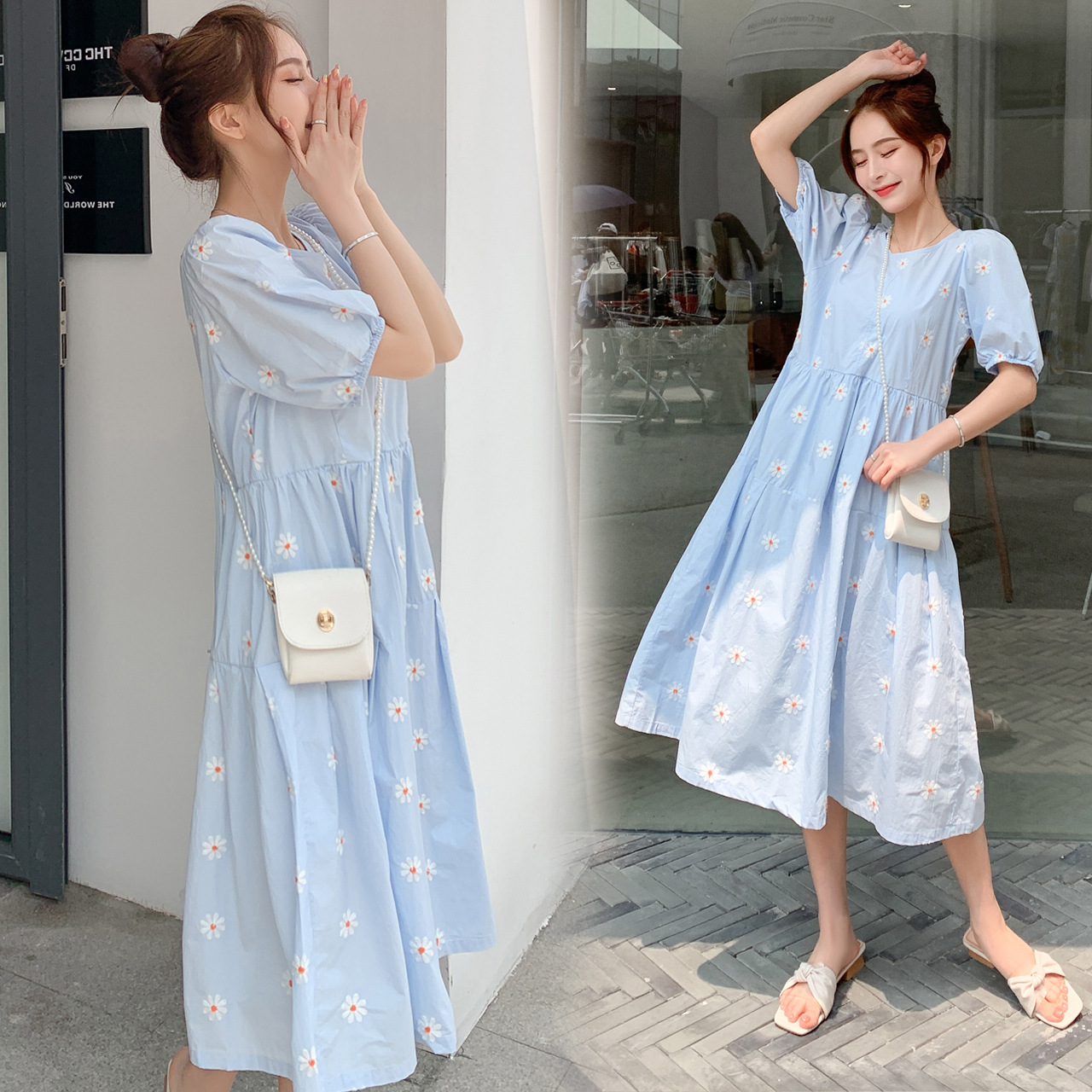 忌平庸女装2020夏季新款孕妇装小雏菊刺绣圆领短袖连衣裙夏宽松大码中长款JPY带授权招加盟代理