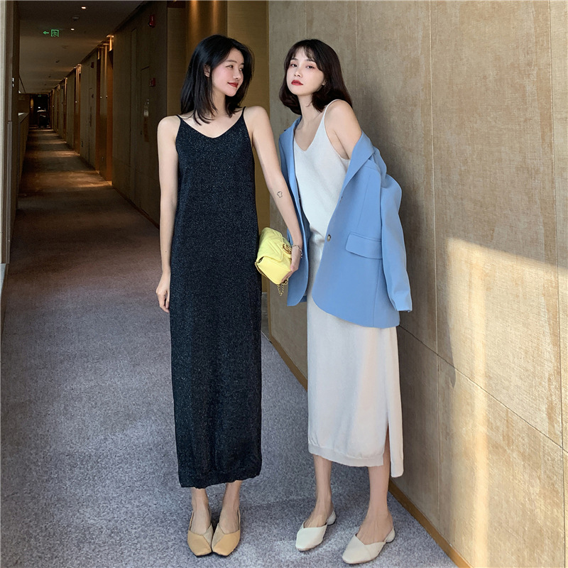 忌平庸女装2020年早秋新款闪光冰丝针织吊带连衣裙内搭打底裙JPY带授权招加盟代理