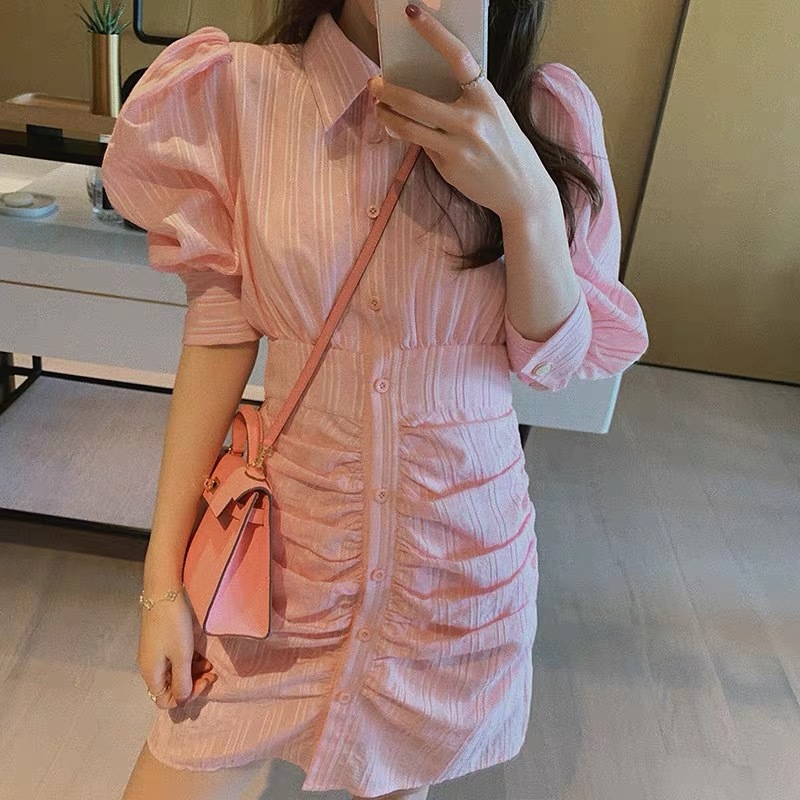 忌平庸女装小银子定制可甜可盐法式气质收腰小个子粉色衬衫连衣裙女夏装JPY带授权招加盟代理