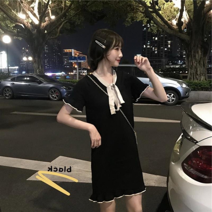 忌平庸女装春夏韩版很仙的法国小众短袖连衣裙女木耳边中长款蝴蝶结针织裙子JPY带授权招加盟代理